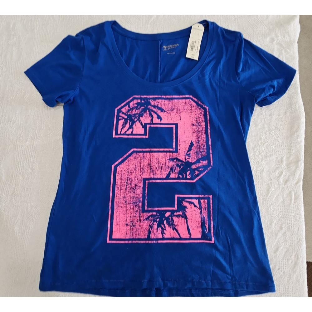 Arizona Jeans Womens L Blue Pink Graphic #2 T Shirt NWT Short Sleeve Tee